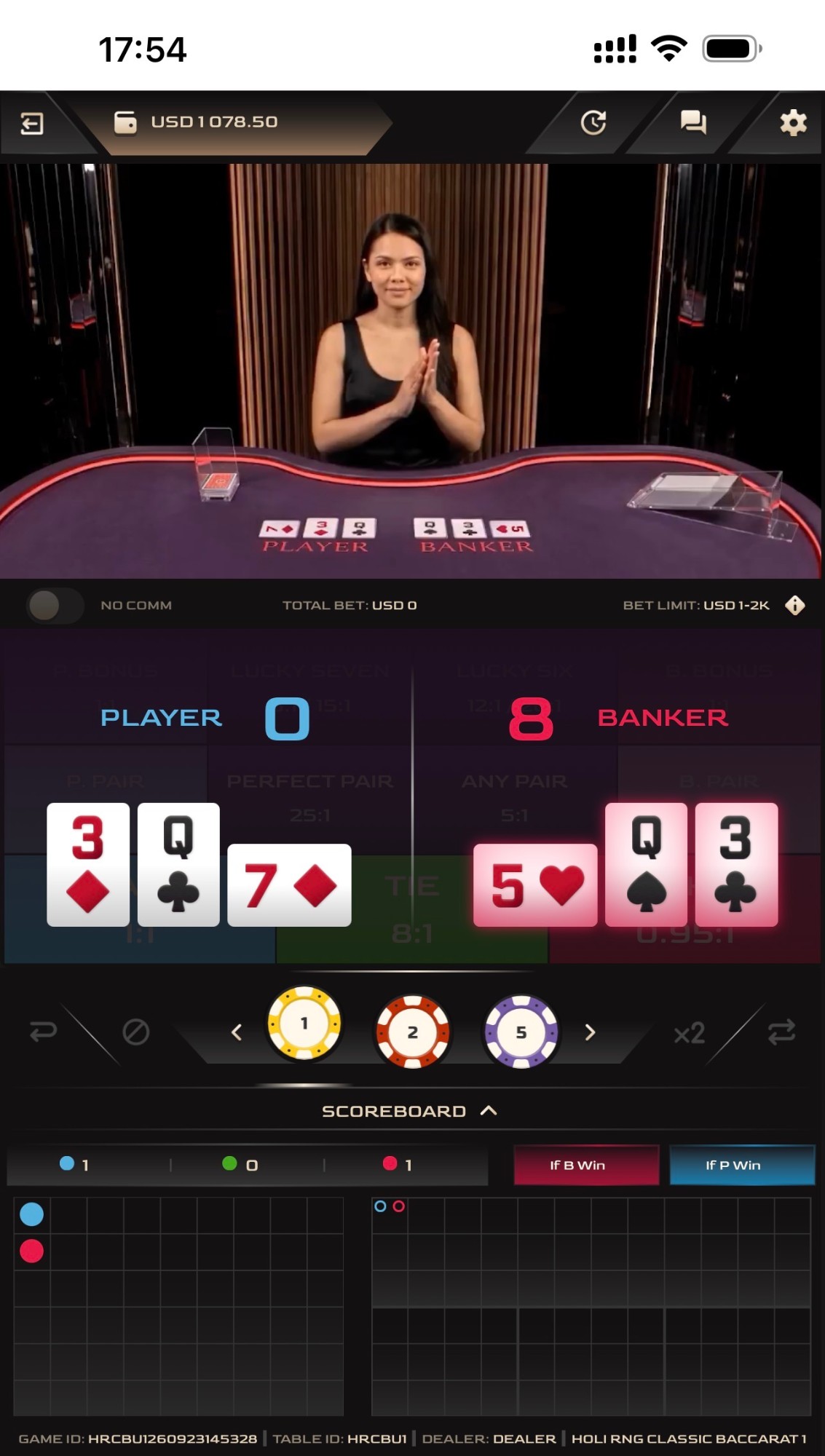 Holi AI Baccarat player view, captured from the running table